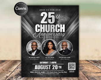Church Anniversary Flyer, Church Anniversary Flyer Template With Different Guest Pictures, Church Event Flyer Template Black & White Canva