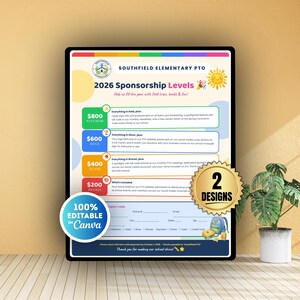 School PTA PTO Sponsorship Flyer Template Canva, 2 Styles with Sponsor Commitment Form Editable, Fundraiser Levels Digital Download