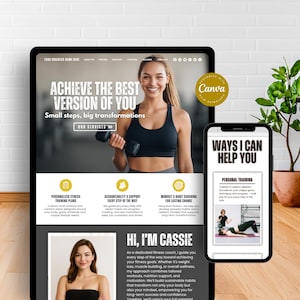 May include: A digital marketing image promoting fitness coaching services. The image features a tablet and a smartphone displaying website content. The tablet shows a woman holding a dumbbell, with text that reads "Achieve the best version of you."