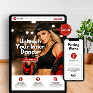 May include: A tablet displays a dance studio website with the slogan "Unleash Your Inner Dancer." A smartphone shows "Pricing Plans" with a weekly rate of £78. The image features a woman in a black top and red jacket.
