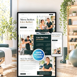 Op de afbeelding: Een digitale websitetemplate voor een fysiotherapiepraktijk weergegeven op een grote monitor en een smartphonescherm. De lay-out bevat de tekst Move better. Live better., afbeeldingen van behandelaars en patiënten, en een 100% Editable in Canva-badge.