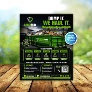 Plantilla de folleto para alquiler de contenedores, folleto para eliminación de residuos, folleto para empresas de eliminación de basura, folleto para recogida de basura, transporte de escombros, folleto para eliminación de desechos