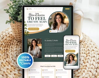 May include: A digital website template for a therapy practice displayed on a laptop and smartphone screen. The design features a dark green and beige colour palette, professional portraits of a therapist, and the text You Deserve To Feel Like You Again.