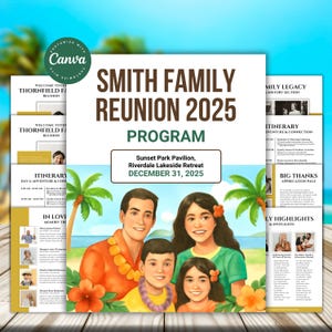 May include: A family reunion program titled "Smith Family Reunion 2025" with a family illustration. The program includes an itinerary, family highlights, and a thank you section. The event is at Sunset Park Pavilion on December 31, 2025.