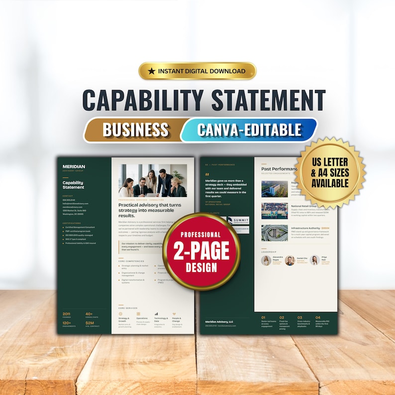 Editable Capability Statement Template Green & Ochre  | Company Profile Design for Consultants & Contractors | Canva Business Template | US Letter A4

capability statement
company profile
capability canva
capability design
consultant template
contractor template
Federal government
rfp proposal
capability template
GovernmentCapability
capability doc
Federal capability
professional profile