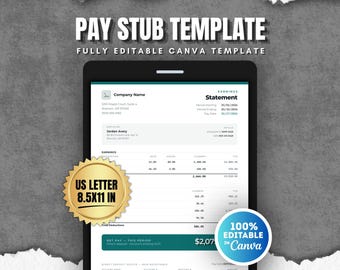 Editable Pay Stub Template Canva | Paycheck Stub Maker | Employee Earnings Statement Payroll Form | Printable Proof of Income