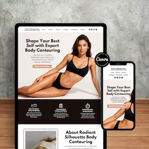 Puede incluir: Una tableta y un teléfono inteligente muestran un anuncio de sitio web para Radiant Silhouette Body Contouring. El anuncio presenta a una mujer en lencería negra, con texto que promociona servicios de esculpido y contorneado corporal.