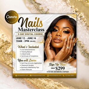 Op de afbeelding: Digitale advertentie voor een 5-daagse Nails Masterclass. De afbeelding toont een vrouw met lange, goudkleurige nagels en make-up. De tekst bevat cursusdetails, zoals data, tijd en behandelde onderwerpen, waaronder nagelvoorbereiding en acryltoepassing.