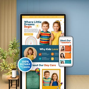 Daycare Website Layout Template Canva, Canva Website for Preschool, Kindergarten, Childcare Daycare, Childcare Marketing, Daycare Enrollment