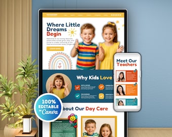 Daycare Website Layout Template Canva, Canva Website for Preschool, Kindergarten, Childcare Daycare, Childcare Marketing, Daycare Enrollment