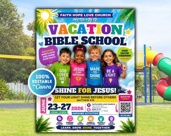 Flyer Vacation Bible School, VBS Invite Flyer Template Editable, VBS Flyer Template Canva, Kids Ministry Flyer Printable, Bible Study Flyer