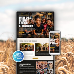 Può includere: Un modello di sito web digitale per Hope Harbor con un gruppo di bambini sulla homepage, con il testo Every Child Deserves A Chance At Tomorrow, visualizzato su un monitor desktop e un telefono cellulare, con un badge 100% Editable In Canva.
