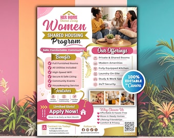 Folleto del Programa de Vivienda Compartida para Mujeres, Folleto de Vivienda de Residencia Sobria en Canva, Vivienda Asequible, Plantilla de Vivienda de Transición, Vivienda con Apoyo