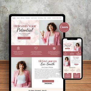 Könnte beinhalten: Ein digitales Marketing-Design mit einer Website und einem Smartphone, die denselben Inhalt anzeigen. Das Thema der Website ist ein Selbstverbesserungsprogramm mit dem Titel "Unleash Your Potential" und einem Foto einer Frau in einem rosa Blazer.