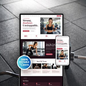 Pode incluir: Um modelo de site digital exibido em um monitor grande e em um smartphone, apresentando conteúdo de coaching de fitness com o texto Strong, Radiant, Unstoppable, imagens de pessoas se exercitando com halteres e um selo 100% Editable in Canva.