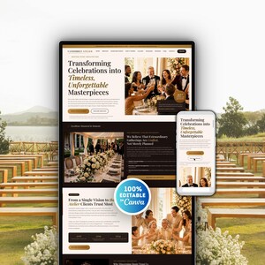 May include: A digital website template for Vanderbilt Atelier displayed on a desktop monitor and a smartphone screen, featuring event planning text, photography of formal gatherings, and a blue circular badge stating 100% Editable in Canva.