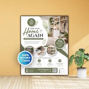 Flyer para Organizador Doméstico, Flyer para Organizador Profissional, Flyer para Serviço de Desentulhamento, Flyer para Organizador de Armários - Modelo Canva para Flyer de Negócio de Organização