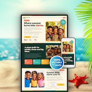 Puede incluir: Una plantilla de sitio web para el campamento de verano Pine Lake mostrada en un monitor de escritorio y una pantalla de smartphone. El diseño incluye fotos de niños, encabezados como Where summer turns into stories y una insignia 100% editable in Canva.