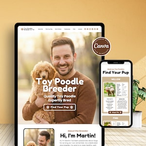 以下が含まれることがあります： タブレットとスマートフォンに表示された、トイプードルのブリーダーのウェブサイトデザイン。タブレットには、子犬を抱いた男性と「Toy Poodle Breeder」の文字が表示されています。スマートフォンには、ウィローという犬のプロフィールが表示されています。