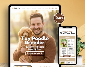 Plantilla de sitio web para criadores de caniches toy, plantilla de sitio web para adopción de cachorros (Canva), página de venta de cachorros, plantilla de sitio web para criadores de cachorros (Canva)