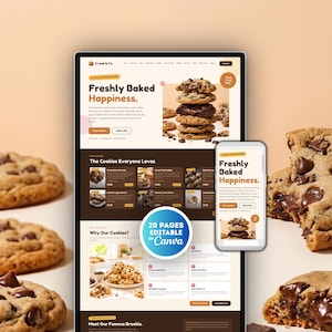 May include: A digital website template for a bakery named Crumb & Co. displayed on a desktop monitor and a smartphone screen. The layout features images of chocolate chip cookies, text, and a blue circular badge stating 20 PAGES EDITABLE IN CANVA.