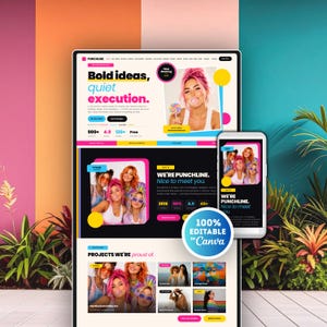 Op de afbeelding: Een digitale website-template voor Punchline met een gedurfde, kleurrijke lay-out met roze, gele en blauwe accenten. Het ontwerp bevat secties voor creatieve diensten, teamfoto's en projectpresentaties, met een ronde badge met de tekst 100% Editable in Canva.