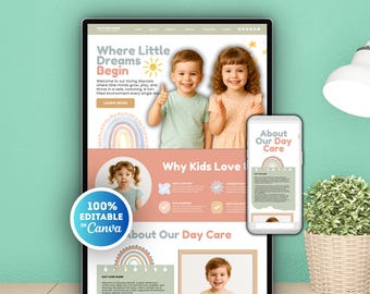 Daycare Website Template, Kindergarten Website Template Canva, Canva Website for Daycare Enrollment, Daycare Marketing, Childcare Business