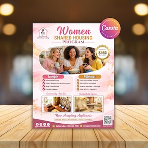 Könnte beinhalten: Ein Flyer für ein Wohngemeinschaftsprogramm für Frauen, mit einem rosa und weißen Design. Der Flyer enthält Bilder von Frauen, Programmvorteilen und Angeboten. Der Text enthält "Jetzt bewerben" und Kontaktinformationen.