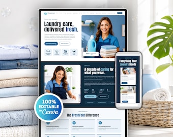 Laundry Website Canva Template for Pick Up and Delivery, Wash and Fold Laundry Service, Laundromat Business, Commercial and Airbnb Laundry