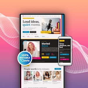 Puede incluir: Una plantilla de sitio web digital para un podcast titulado Signal & Noise, con vista de escritorio y móvil. El diseño incluye un gráfico de micrófono, el texto Loud ideas, quiet rooms y una insignia circular con 100% Editable in Canva.