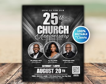 Church Anniversary Flyer, Church Anniversary Flyer Template With Different Guest Pictures, Church Event Flyer Template Canva, Black & White