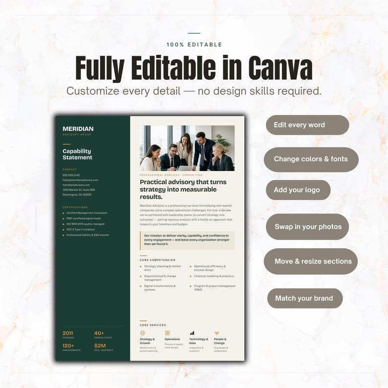 May include: A digital capability statement template with a dark green sidebar and cream background. It features a photo of four professionals, text sections for contact, certifications, core competencies, and services, and editable design elements.