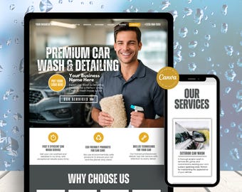 Car Wash Website Template Canva, Auto Detailing Service Canva Website for Car Cleaning, Car Maintenance, Car Washing, Car Detailer Business