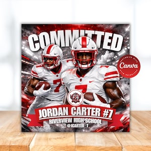 May include: A digital graphic featuring two football players in white and red uniforms, helmets, and pads. The word "COMMITTED" is at the top. The text "JORDAN CARTER #7" and "RIVERVIEW HIGH SCHOOL" are displayed below the players.