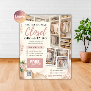 May include: A flyer advertising professional closet organising services, featuring a soft pink and beige colour scheme with floral accents. Text includes "Professional Closet Organising", service details, and contact information.