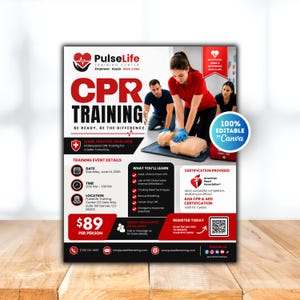 CPR Training Flyer Template, CPR Class Flyer, CPR Certification Flyer, First Aid Training Flyer, Basic Life Support Flyer, Medical Training