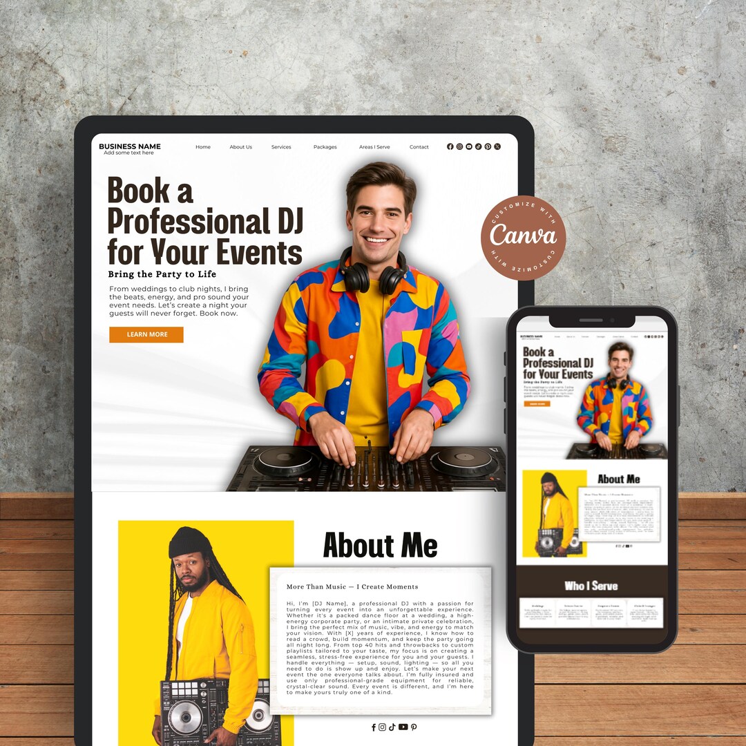 DJ Website Template Canva Landing Page for Wedding & Party Djs