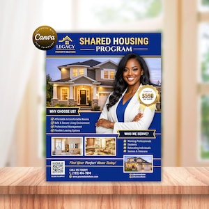 Puede incluir: Un folleto promocional para un programa de vivienda compartida. Presenta a una mujer, una imagen de una casa y texto, incluyendo "Shared Housing Program" y "Find Your Perfect Home Today!"