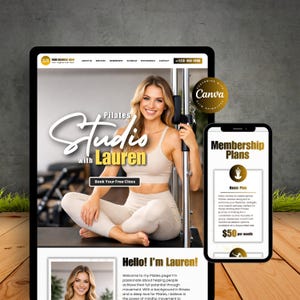 Peut inclure: Présentation numérique d'un site web de studio de Pilates avec le texte "Pilates Studio with Lauren". Un smartphone affiche des plans d'abonnement. L'image présente une femme en tenue de sport. Le logo Canva est visible.