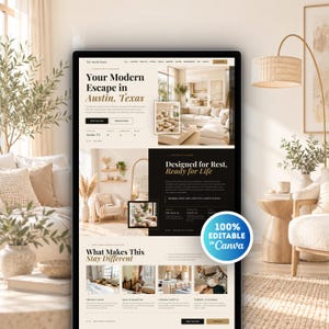 May include: A digital website template for a boutique hotel titled The Aurella House, featuring a modern layout with beige and black color schemes, interior photography, and a circular blue badge that reads 100% Editable in Canva.