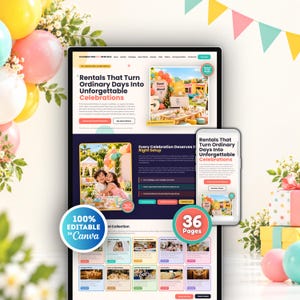 Op de afbeelding: Een digitale website-sjabloon voor feestverhuur weergegeven op een computermonitor en een smartphonescherm. De lay-out bevat de tekst Rentals That Turn Ordinary Days Into Unforgettable Celebrations, 36 pages en 100% Editable In Canva.