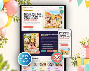 May include: A digital website template for party rentals displayed on a computer monitor and a smartphone screen. The layout features the text Rentals That Turn Ordinary Days Into Unforgettable Celebrations, 36 pages, and 100% Editable In Canva.