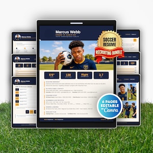 Paquete de reclutamiento de fútbol / Plantilla de currículum para perfil de futbolista / Plantilla de perfil de jugador de fútbol / Portafolio de atleta / Currículum de Canva para perfil de futbolista