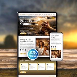 Websitesjabloon voor kerken (Canva), moderne kerkwebsite met livestreaming, landingspagina voor kerken, christelijke websitesjabloon, website voor non-profitorganisaties
