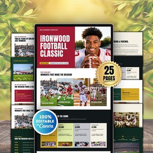 May include: A 25-page Ironwood Football Classic sponsorship prospectus template featuring a maroon and white color scheme. The document includes a portrait of a football player holding a ball, event highlights, and sponsorship tiers.