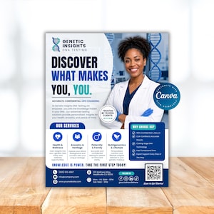 May include: A promotional flyer for Genetic Insights DNA Testing. The flyer features a smiling woman in a lab coat, with text that reads "Discover What Makes You, You." It highlights services like health, ancestry, and paternity testing.
