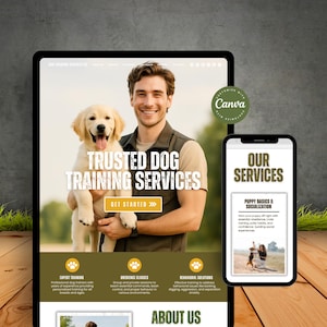 Peut inclure: Une capture d'écran numérique affiche un site web promouvant les "Trusted Dog Training Services". Le site web présente un homme tenant un chiot golden retriever. Le site affiche également le texte "Get Started" et "Our Services."