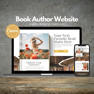 Może przedstawiać: Laptop i smartfon wyświetlają szablon strony internetowej dla autorów. Ekran laptopa pokazuje okładkę książki z kobietą na polu maków. Tekst zawiera "Book Author Website" i "Unlock Your Purpose."