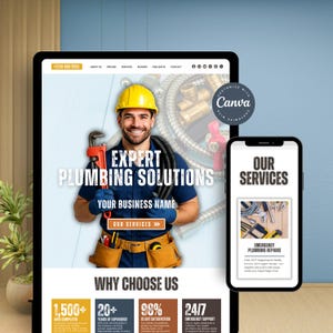 Könnte beinhalten: Eine digitale Werbung für Klempnerdienste, die auf einem Tablet und Smartphone angezeigt wird. Das Tablet zeigt einen lächelnden Klempner mit gelbem Helm, der einen Schraubenschlüssel hält. Der Text enthält "Expert Plumbing Solutions" und "Our Services."