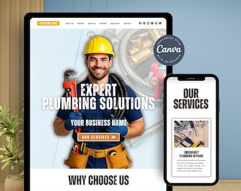 Plumber Website Template Canva, Plumbing Canva Website for Plumbing Business, Pipe Repair, Drain Cleaning & Plumbing Company Service Sites
